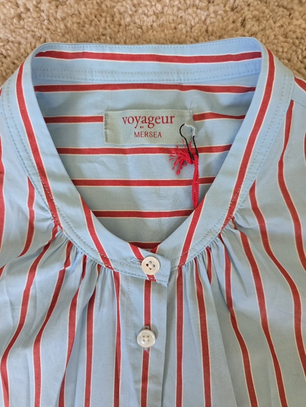 New Voyageur By Mersea Womens Top Size Medium Cotton Blue Red Striped Blouse - Picture 9 of 10